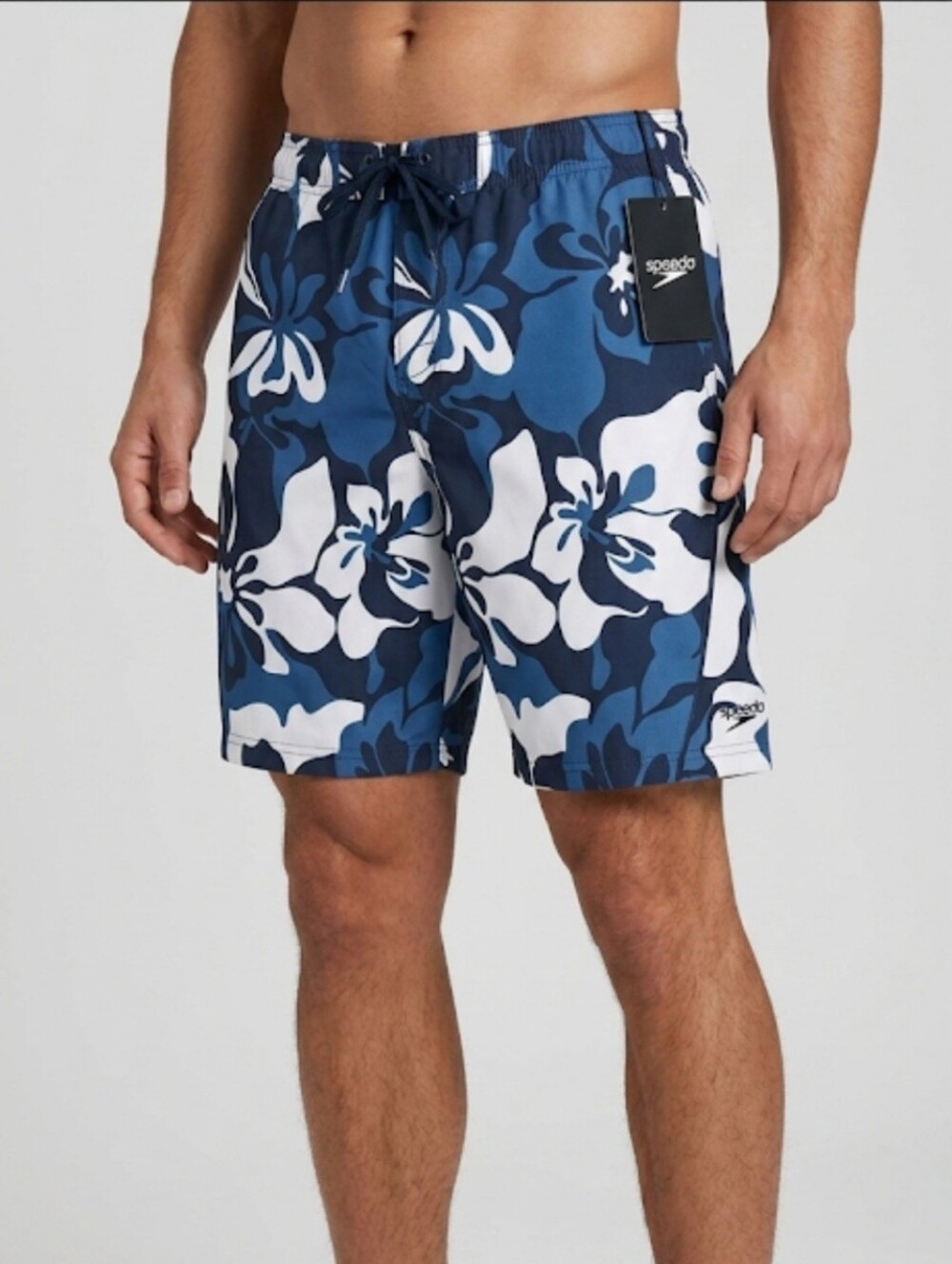 Speedo Tropical Floral Hibiscus Swim Trunks Blue White Boardshorts Large NWT